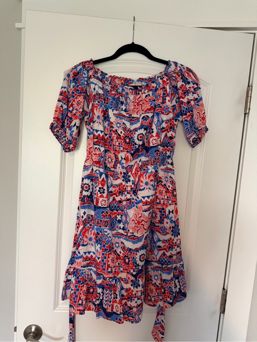LOFT Red and Blue Printed Puff-Sleeve Dress